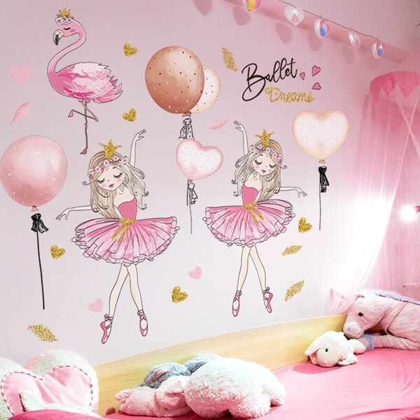 Autocollant mural pour fille ballet, fille, ballon, flamant rose . Autocollant amovible