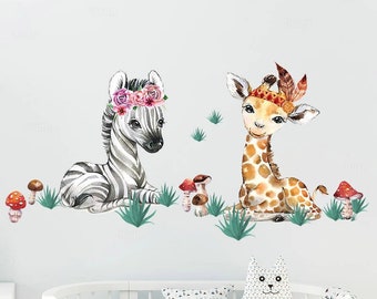 Autocollants muraux animaux de prairie d'afrique, dessin aquarelle, pour 'enfants, décoration de chambre de bébé, Stickers éléphant girafe