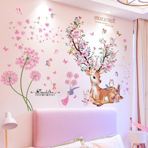 Autocollant mural pour chambre d'enfant girly. Autocollant amovible biche et pissenlit