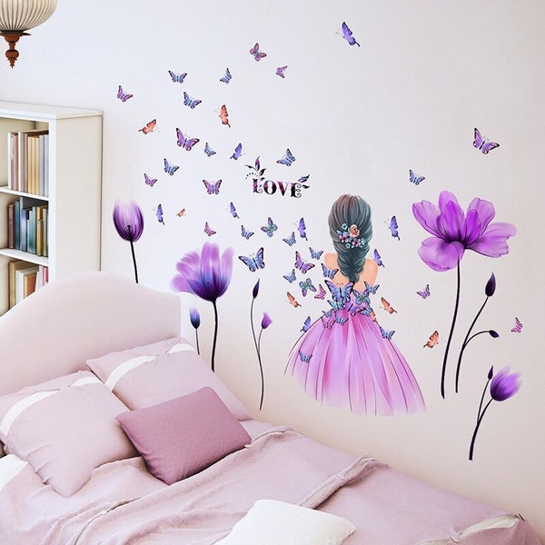 Autocollants muraux en forme de tulipe pour petite fille, adhésif amovible en vinyle PVC, décoration pour la maison