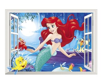 Autocollants muraux à fenêtre 3d princesse Ariel ,sirène, décoration murale pour chambre d'enfants,