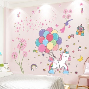 Autocollant mural pour chambre d'enfant girly. Autocollant amovible poney pissenlit