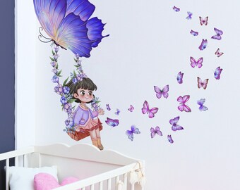 Autocollants muraux à motif papillon pour petite fille, adhésif amovible en vinyle, décoration créative pour chambre d'enfant