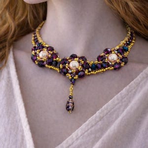 Victorian Style Beaded Necklace, Purple Crystal and Pearl Necklace, Handmade Elegant Statement Jewelry, Gold Seed Bead Necklace, Romantic Vi