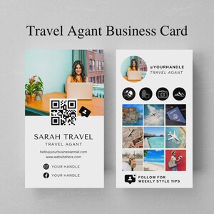Peut inclure: Carte de visite pour agent de voyages. Le design présente le texte "Travel Agant Business Card" en haut. Le recto comprend le nom de l'agent, ses coordonnées et un code QR. Le verso présente des icônes et des images liées aux voyages.