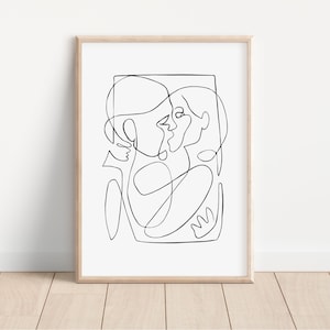 Paar Line Art Print, One Line Art Man en vrouw zoenen, paar afdrukbare kunst, doorlopende lijn kunst paar, digitale download