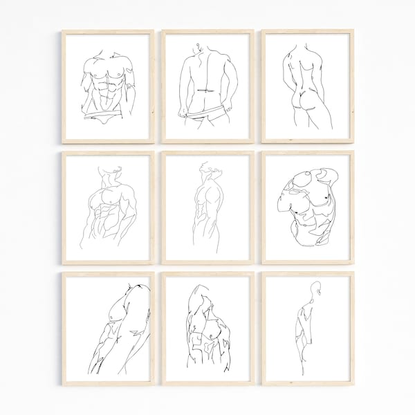 Male Line Art Print, Set of 9 Art Prints, Printable Wall Art, Body Art Man, Male Body Line Art, Man Art Print, Man Drawing, Digital Download