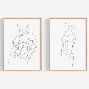 Set of 2 Male Line Art, Printable Wall Art, Male Body Art Print Set, Line Art Man, Male Silhouette, Line Drawing Man Body, Digital Download