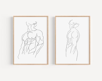 Set of 2 Male Line Art, Printable Wall Art, Male Body Art Print Set, Line Art Man, Male Silhouette, Line Drawing Man Body, Digital Download