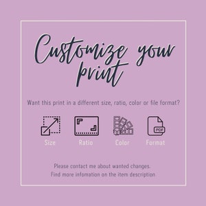 Pu&ograve; includere: Personalizza la tua stampa. Vuoi questa stampa in una dimensione, un rapporto, un colore o un formato di file diverso? Sono mostrate icone per dimensione, rapporto, colore e formato. Contattami per eventuali modifiche desiderate. Trova maggiori informazioni nella descrizione dell'articolo.