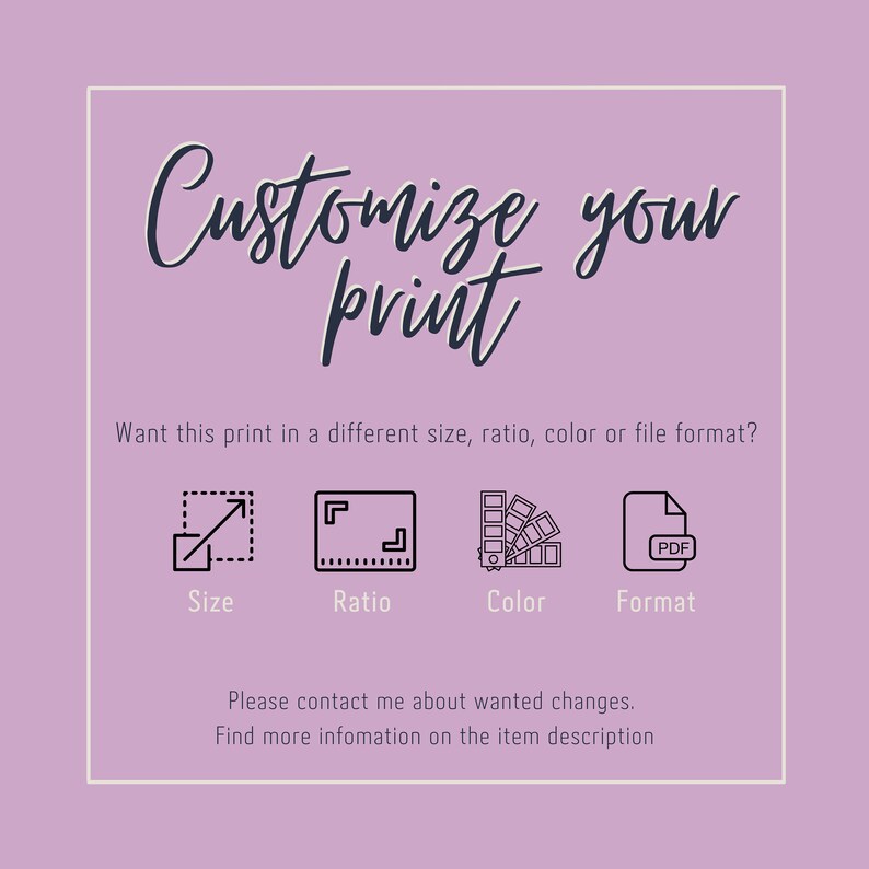 Pu&ograve; includere: Personalizza la tua stampa. Vuoi questa stampa in una dimensione, un rapporto, un colore o un formato di file diverso? Sono mostrate icone per dimensione, rapporto, colore e formato. Contattami per eventuali modifiche desiderate. Trova maggiori informazioni nella descrizione dell'articolo.