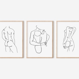 Line Art paar, set van 3 prints, één lijn paar kunst, afdrukbare muurkunst, digitale download, liefhebbers kunst, één lijntekening, minimalistische print
