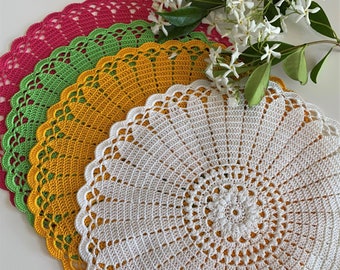 Handmade doily placemat for sale, Daisy round table topper, Colorful crochet centerpiece, Thanksgiving living room table decor, 12 inch,