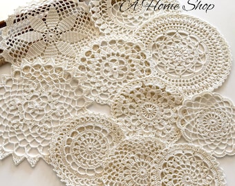 Ivory crochet doilies in shabby chic style in lot of 10 pieces, Doilies for junk journals, Elegant applique for curtains, Handmade items