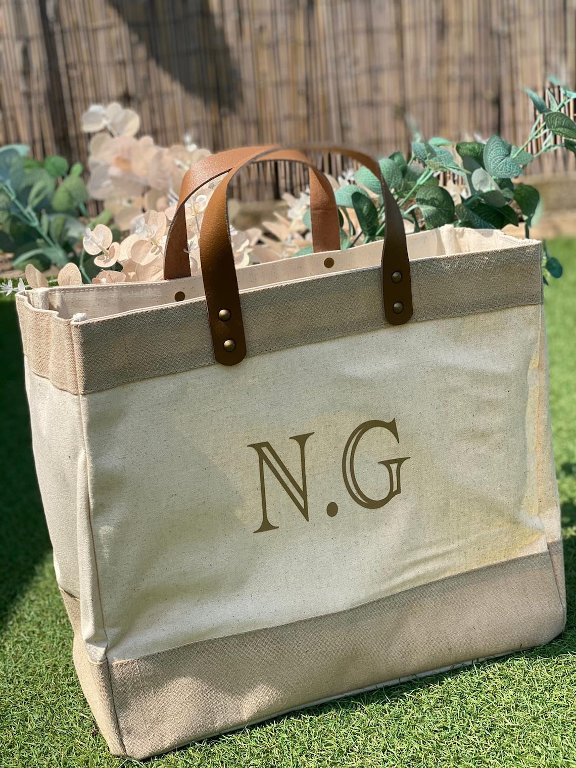 Large Luxury White Jute Bag with Leather Handles Etsy