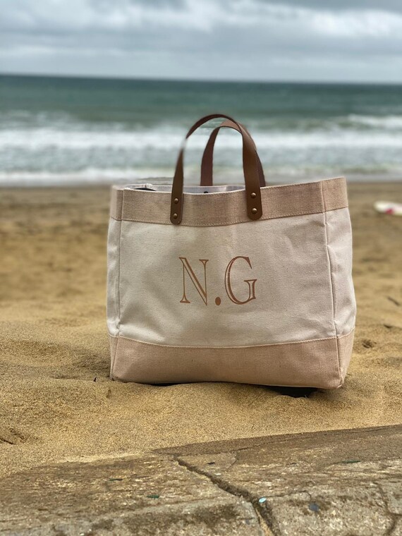 personalised jute bag with leather handles