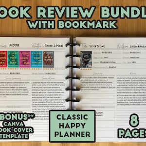 Op de afbeelding: Een groene en witte planner met de woorden "Classic Happy Planner" en "8 Pagina's" op de omslag. De planner is open op een pagina met een boekrecensie sjabloon. Het sjabloon bevat secties voor de boektitel, auteur, serie, genre, pagina aantal, startdatum, einddatum, formaat, en een samenvatting en recensie van het boek.