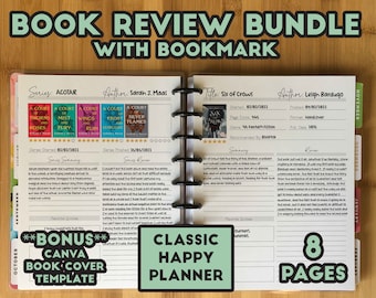 Book Review Printable Bundle: Reading Journal Inserts, Bookmark (Classic Happy Planner) (Canva Template) (PDF)