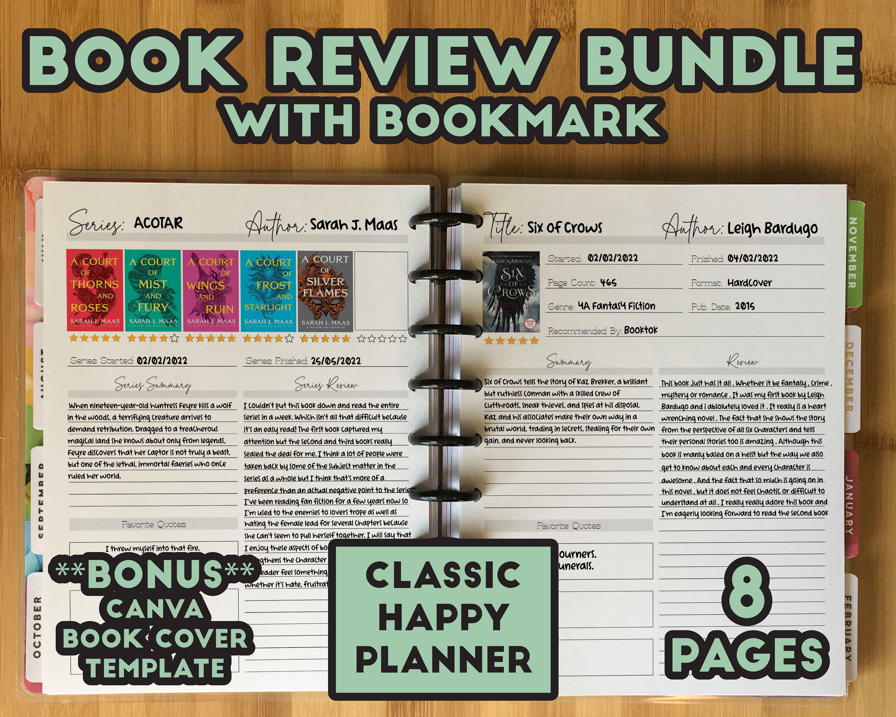 Book Review Printable Reading Journal Insert Bundle for Book Lovers Book  Club Template Book Review Bookmark Sheet Notebook Tracker Log CHP 