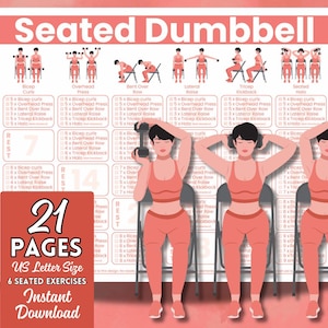 Op de afbeelding: Een trainingsschema getiteld Seated Dumbbell met illustraties van zes oefeningen en selectievakjes. Het document bevat tekst over 21 pagina's en US Letter-formaat. Drie figuren in koraalkleurige sportkleding demonstreren zittende oefeningen met gewichten.