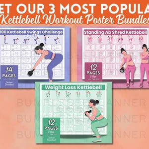 Kettlebell Challenge Bundle Weight Loss Ab Workout Posters: 30-Day Printable Exercises, Charts & Habit Trackers, Standing Home Gym Plan PDF