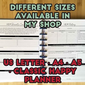 May include: A close-up of a planner with the text "US Letter, A4, A5, Classic Happy Planner" in red and white. The planner is designed for IEP meetings and includes sections for medical/food concerns, behaviour concerns, unmet needs of the child, identified needs that require work, and unidentified needs.