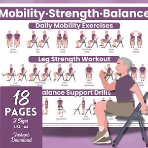 May include: A purple and white exercise chart titled "Mobility-Strength-Balance" with illustrations of exercises. The chart includes "Daily Mobility Exercises", "Leg Strength Workout", and "Balance Support Drills". The chart also includes the text "18 PAGES" and "Instant Download".