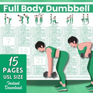 Pode incluir: Um gráfico de treino com halteres para todo o corpo com ilustrações de exercícios como levantamento terra, estocadas e pressão de ombros. O gráfico inclui o texto "Full Body Dumbbell", "15 Pages", "USL SIZE" e "Instant Download". O esquema de cores é verde e branco.
