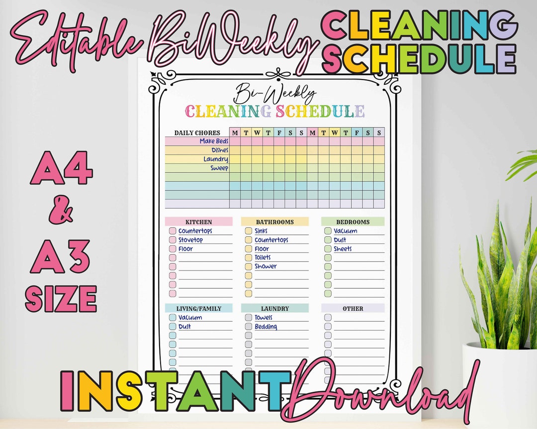 Editable Bi-weekly Cleaning Schedule Checklist Printable Tidy Decluttering List Planner Template ...
