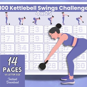 30 Day Kettlebell Swing Challenge Printable Bundle—Trackable 100/50/25 Rep Posters & Beginner Form Guide, Tone Sculpt Summer Body Abs Legs