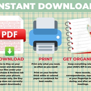 May include: A graphic illustration showing three steps to download, print, and organise an IEP. The first step shows a red PDF document with a download arrow. The second step shows a blue printer. The third step shows a notebook with a red pen.