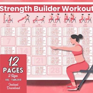 May include: A pink and white workout chart titled "Strength Builder Workout" with exercise illustrations. The chart includes a woman demonstrating exercises. A red box displays "12 PAGES" and "Instant Download".