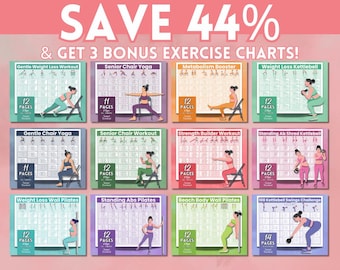 Senior Exercise Poster Bundle: Chair Yoga, Kettlebell, Wall Pilates (PDF Downloadable Charts)
