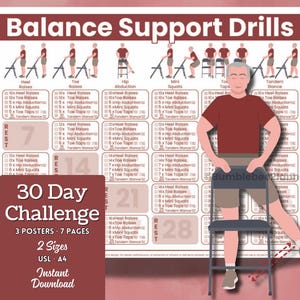 May include: A fitness poster titled "Balance Support Drills" with exercise diagrams and a 30-day challenge schedule. The poster includes text and illustrations of exercises, with a person demonstrating the exercises. It is available in two sizes.