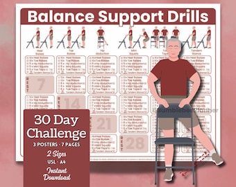 Fall Prevention Balance Exercises for Seniors Printable Chair Workout Poster with Progress Tracker