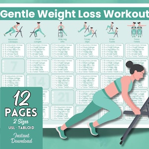 May include: A teal and white workout chart titled "Gentle Weight Loss Workout" with exercise illustrations. The chart includes the text "12 Pages, 2 Sizes, Instant Download". A woman in teal activewear is shown demonstrating an exercise.