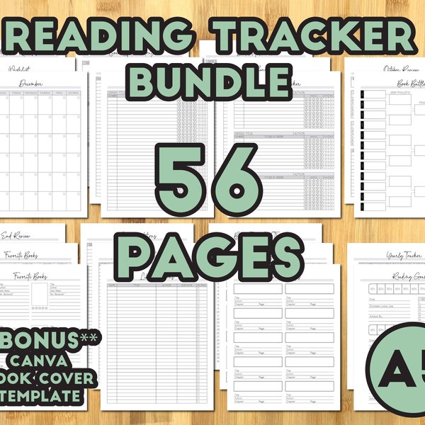 56 Page Reading Journal Tracker Printable Bundle 2024 Book Reading Tracker Home Library Book Catalog Daily and Monthly Reading Goals Log A5