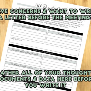 May include: A printable worksheet titled "Have Concerns & Want to Write a Letter Before the Meeting?" with sections for "My Child", "Unmet Needs of My Child", and "Gather All of Your Thoughts, Documents & Data Here Before You Write It".