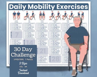 Daily Mobility Exercises for Seniors Printable Poster Seated Chair Workout to Improve Flexibility