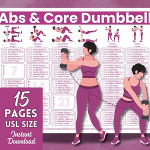 Könnte beinhalten: Ein Trainingsplan für Bauch- und Core-Übungen mit Kurzhanteln, mit Illustrationen von Übungen wie Dead Bugs und Russian Twists. Der Plan hat das USL-Format und bietet 15 Seiten zum sofortigen Download. Maße in cm.