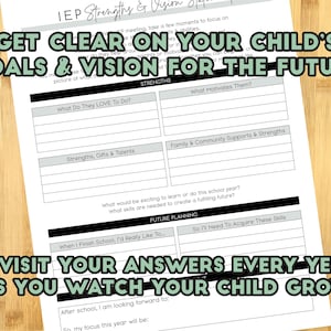 May include: A printable worksheet titled "Get Clear on Your Child's Goals & Vision for the Future." The worksheet is divided into sections for strengths, future planning, and revisiting answers every year.