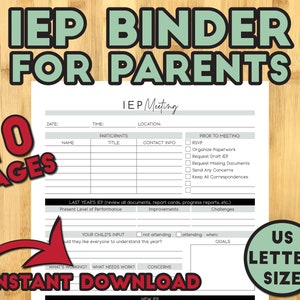 Printable IEP Binder for Parents & Students IEP Meetings Planner Tracker Accommodations Data Collection Sheet Goal Progress Prep Checklist