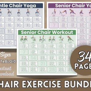 May include: A printable bundle of 34 pages of chair exercises for seniors. The bundle includes three different types of chair exercises: Gentle Chair Yoga, Senior Chair Yoga, and Senior Chair Workout. The pages are in black and white with illustrations of people doing the exercises.