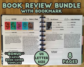 Book Review Printable Bundle: Reading Journal Inserts, Bookmark (US Letter) (PDF)