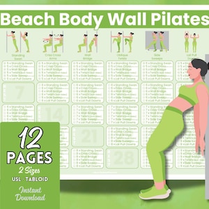 Puede incluir: Un gráfico de entrenamiento de Pilates verde y blanco titulado "Beach Body Wall Pilates" con ilustraciones de ejercicios. El gráfico incluye a una mujer con ropa de entrenamiento verde demostrando una pose. El gráfico tiene 12 páginas y está disponible en dos tamaños.