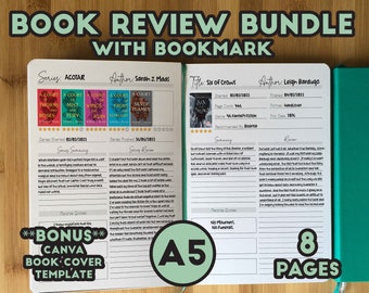 A5 Book Review Printable Bundle: Reading Journal Inserts, Bookmark (Canva Template)