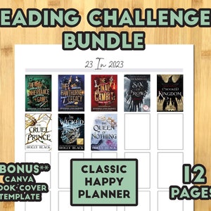 Könnte beinhalten: Ein druckbarer Lese-Challenge-Planer mit 12 Seiten. Der Planer enthält eine Liste von Buchtiteln und eine Bonus-Canva-Buchcover-Vorlage. Der Text auf dem Planer lautet "Reading Challenges Bundle 23 in 2023, Classic Happy Planner, 12 Pages, Bonus Canva Book Cover Template".