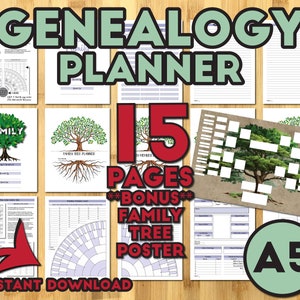 May include: A digital download of a genealogy planner with 15 pages and a bonus family tree poster. The planner features a variety of templates for recording family history, including a family tree chart, a timeline, and a list of ancestors. The planner is designed to be printed on A5 paper.