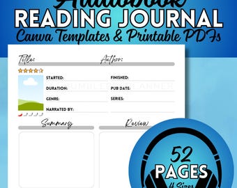 Audiobook Reading Journal: Printable Tracker & Review Template (Canva Editable)