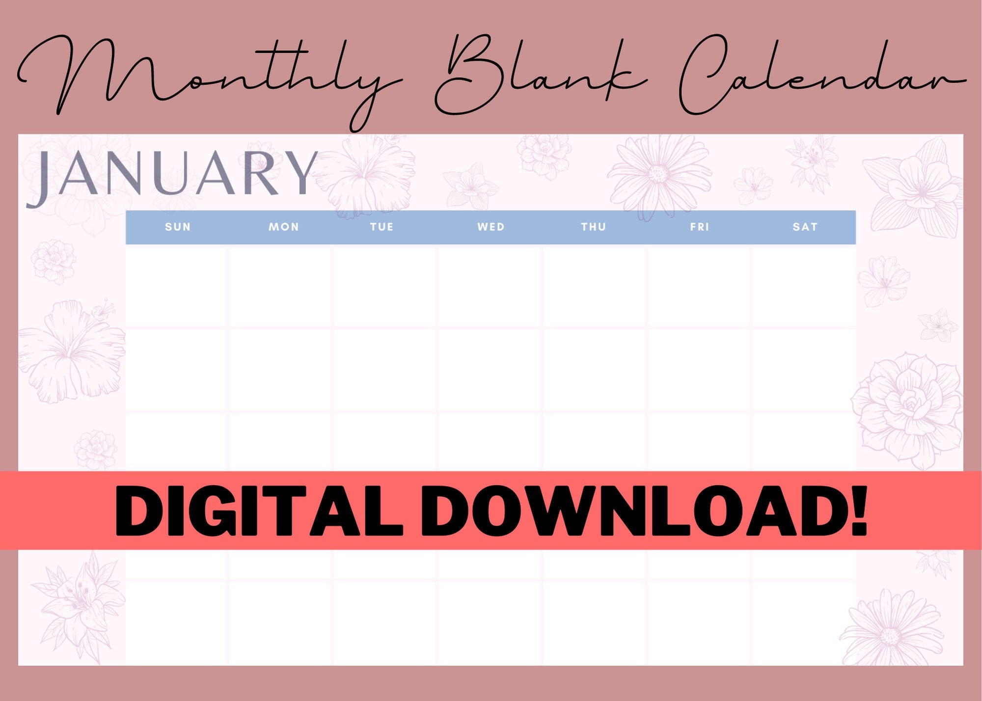Calender printable flower design blank calendar PDF download Etsy
